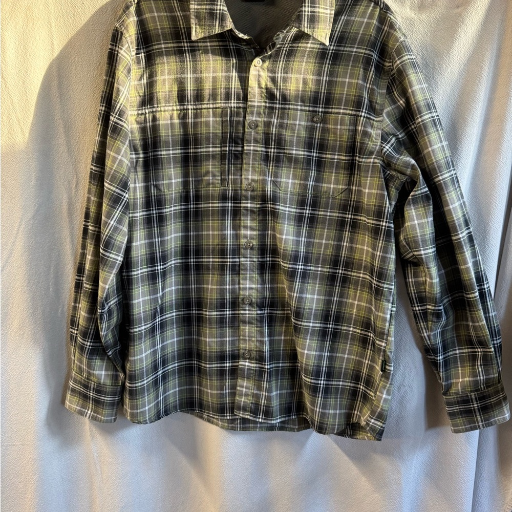 Plaid Men's Koppen Shirt in Black, white, and lime Green Sz Large EUC